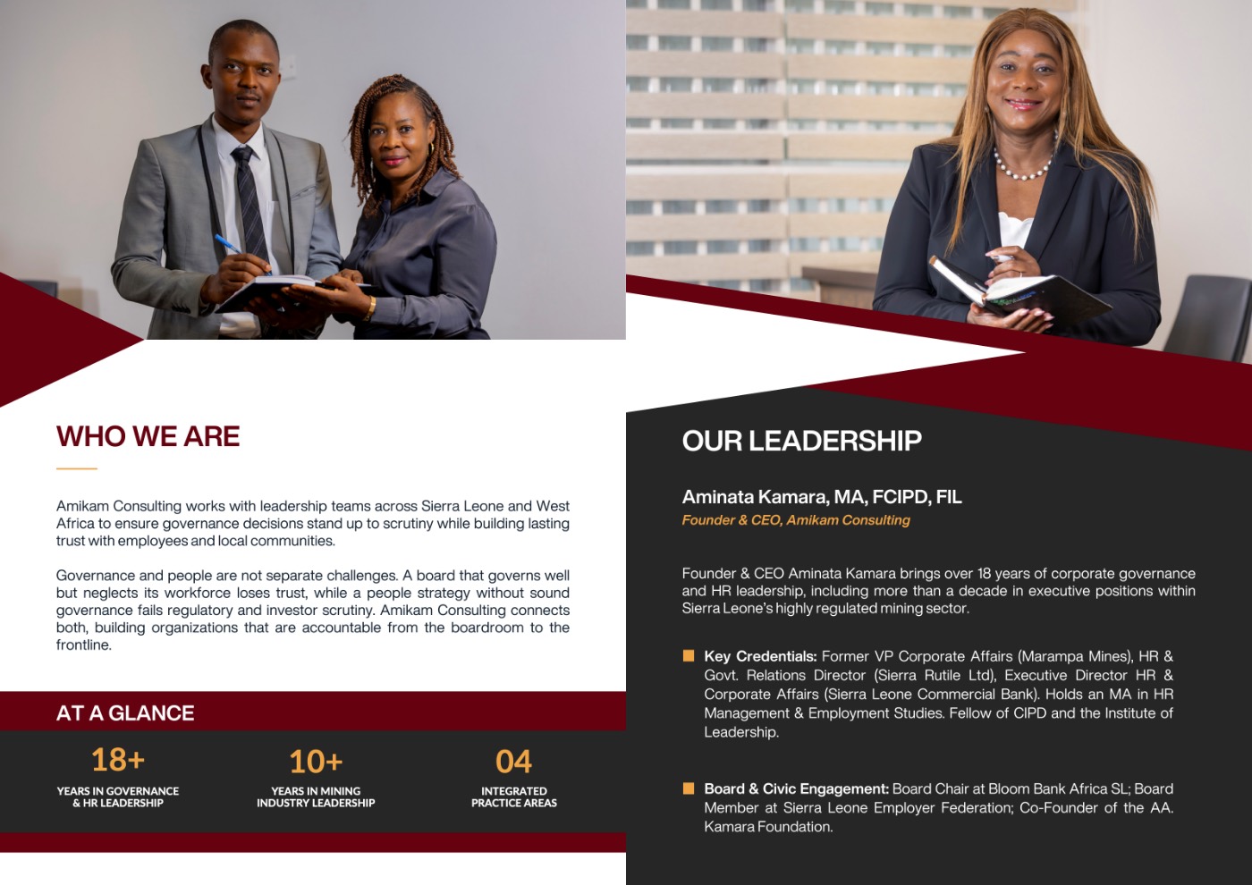 Brochure spread: Who we are and Our leadership