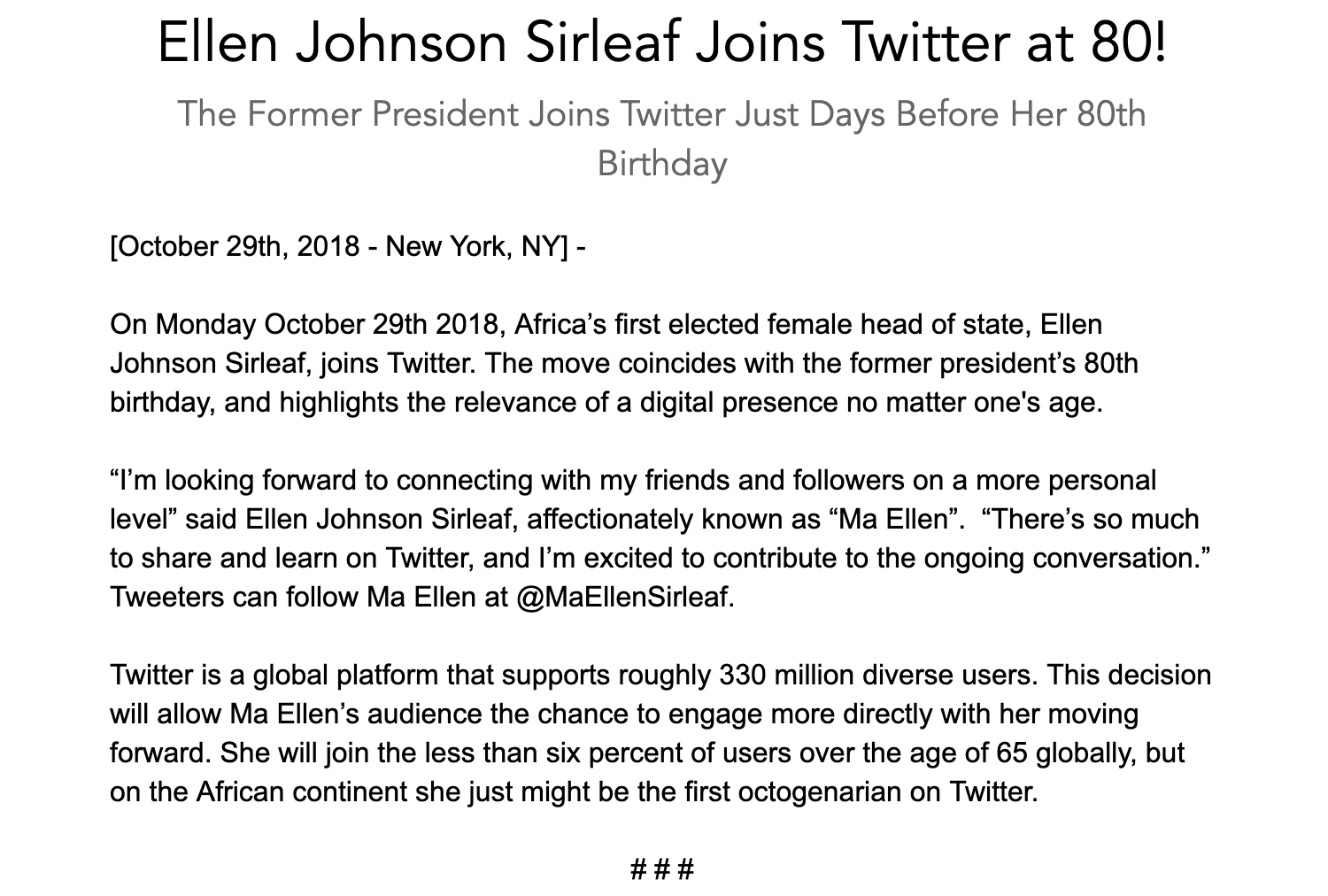 Press release announcing Ellen Johnson Sirleaf joining Twitter