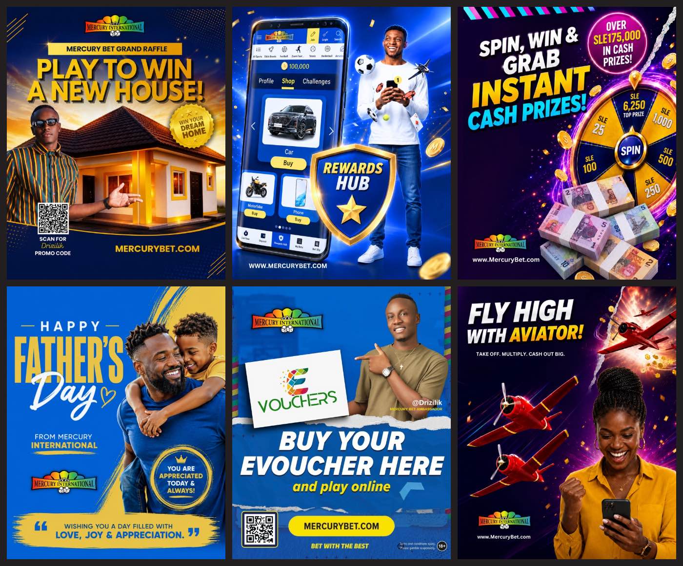 Grid of six Mercury social media designs