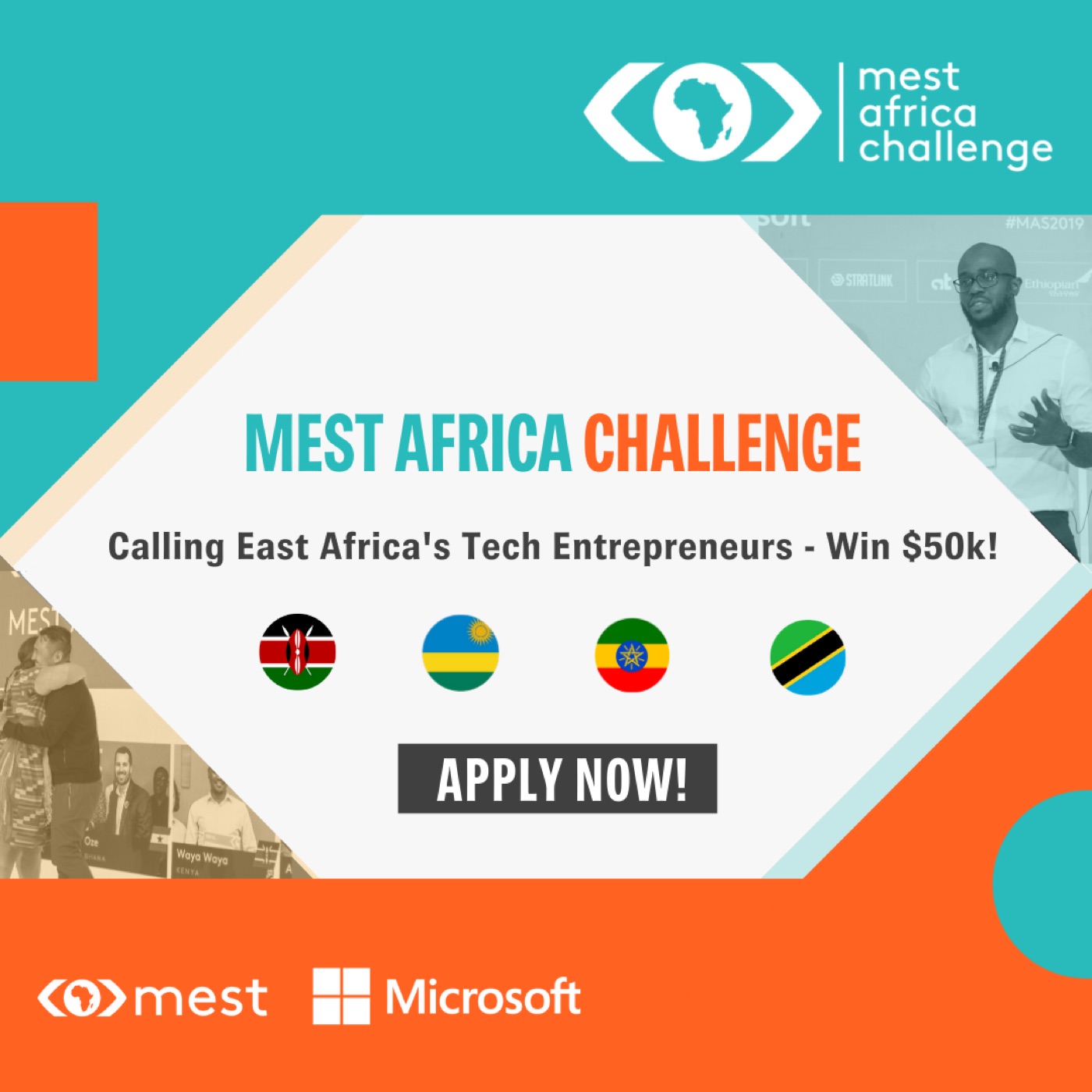 MEST Africa Challenge graphic calling East Africa tech entrepreneurs, with Kenya, Rwanda, Ethiopia and Tanzania flags