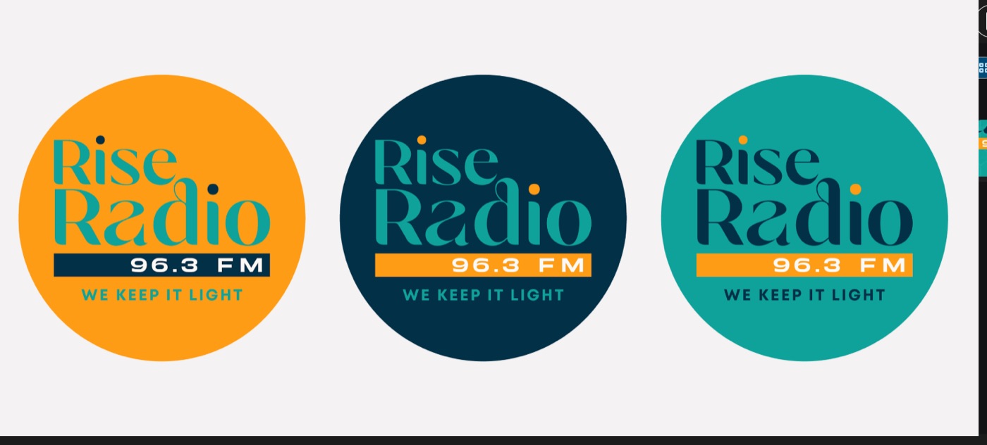 Rise Radio logo in three brand colourways